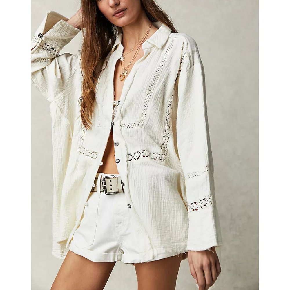 Free People Cream Button Down Shirt